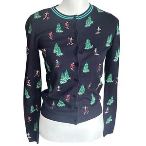 Talbots‎ Petites Cardigan NWT Size Petite Navy Skiing Trees Embroidered Sweater